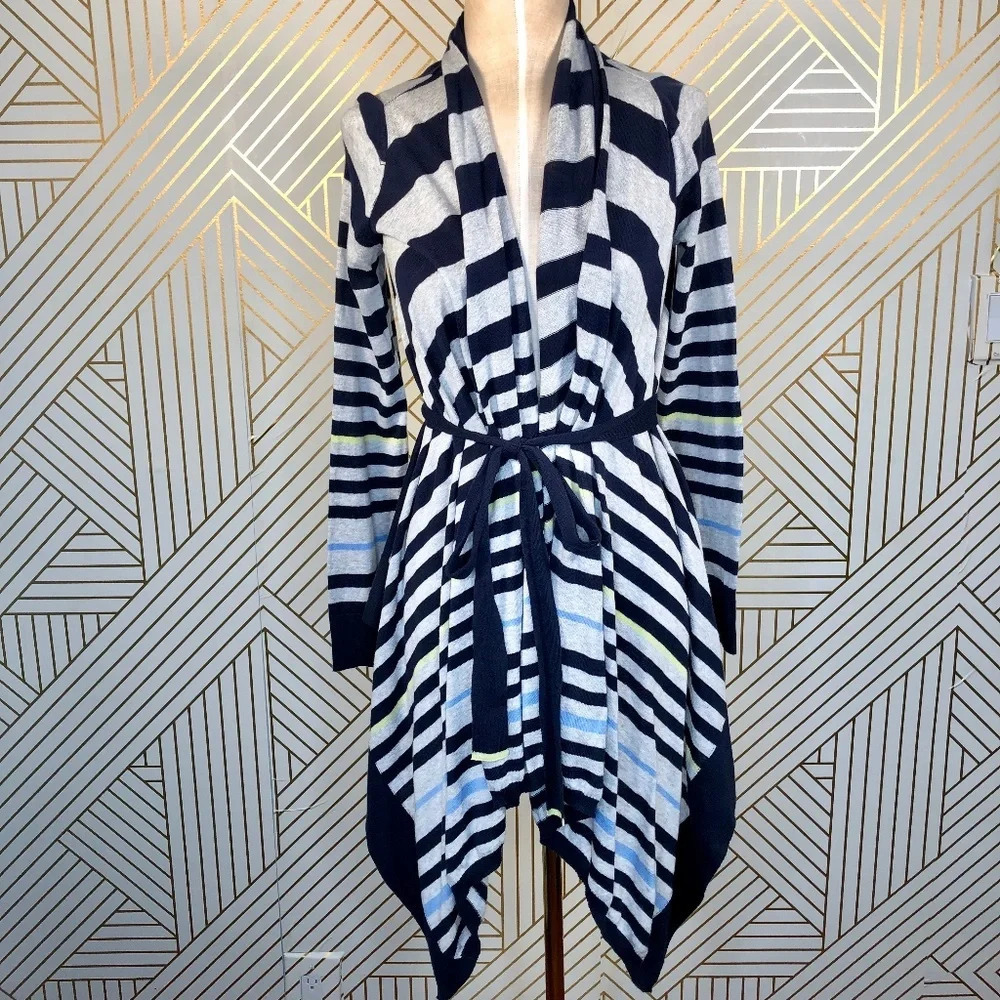 Anthropologie Moth Waterfall Sweater Cardigan Striped Tie Gray Blue Size XS